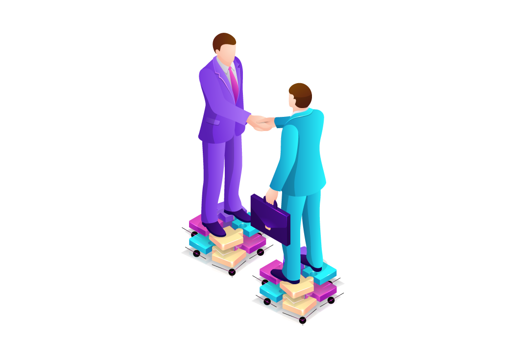 Two businessmen shake hands confidently atop a stack of boxes, symbolizing partnership and success in business ventures.