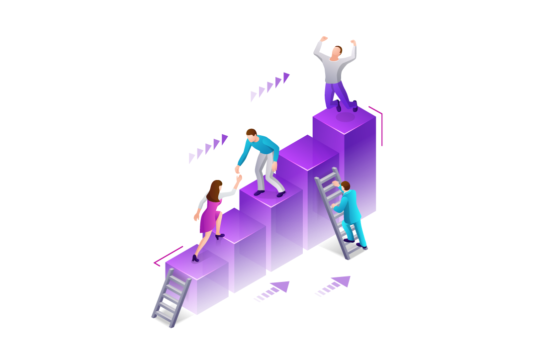 Isometric illustration depicting individuals ascending a purple bar chart, symbolizing growth and progress in business analytics.