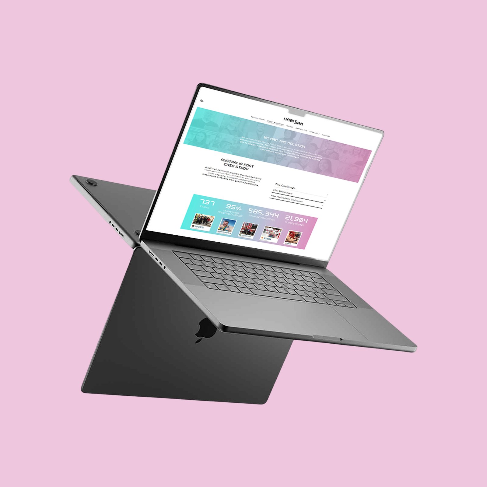 A laptop set against a pink backdrop, representing Habitjam's commitment to enhancing healthcare through digital solutions