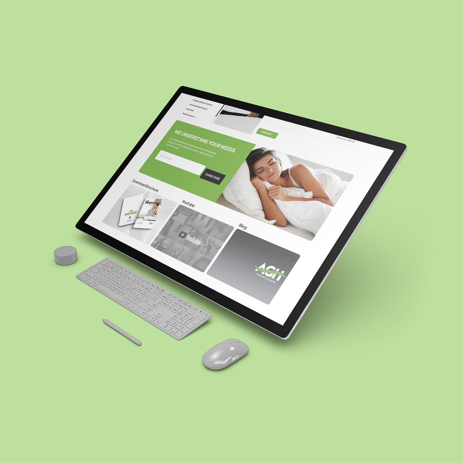 A laptop set against a green background, featuring a website that illustrates AGH Supply's web development in hospitality e-commerce.