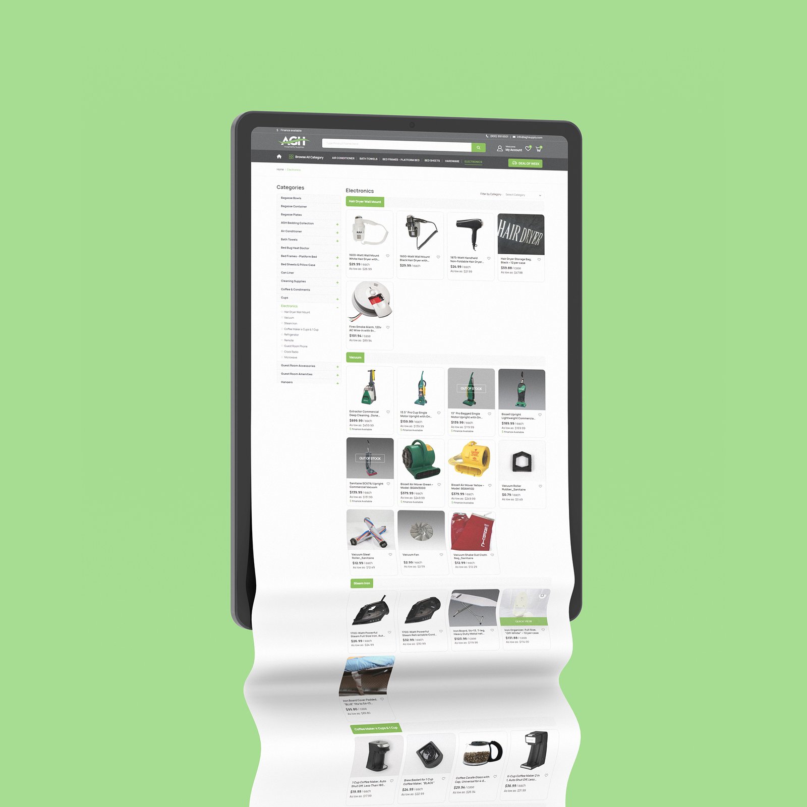 vibrant green background, showcasing a sleek screen, representing AGH Supply's hospitality e-commerce services.