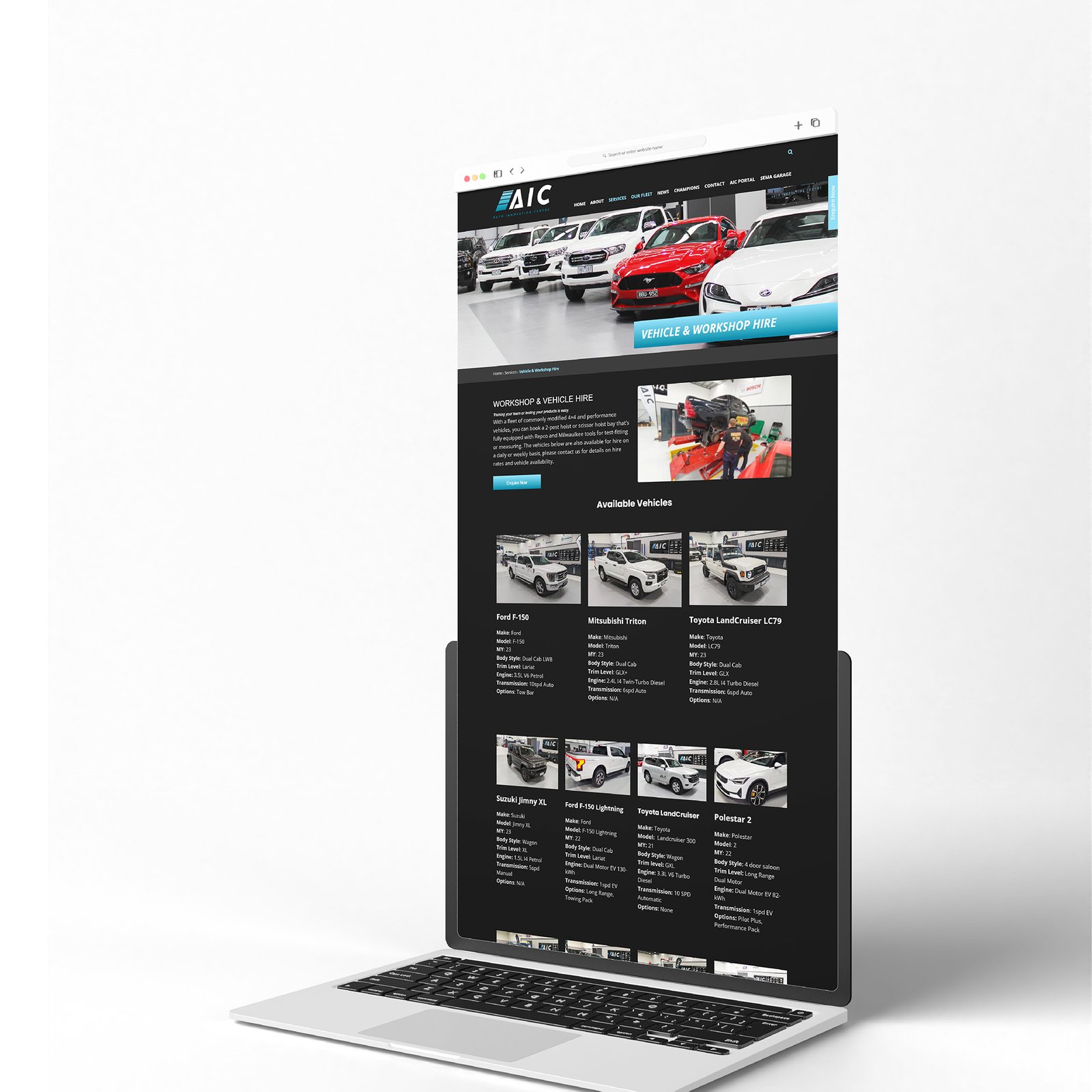 A laptop displaying a sleek website design for the Auto Innovation Centre, focusing on automotive and e-commerce solutions.