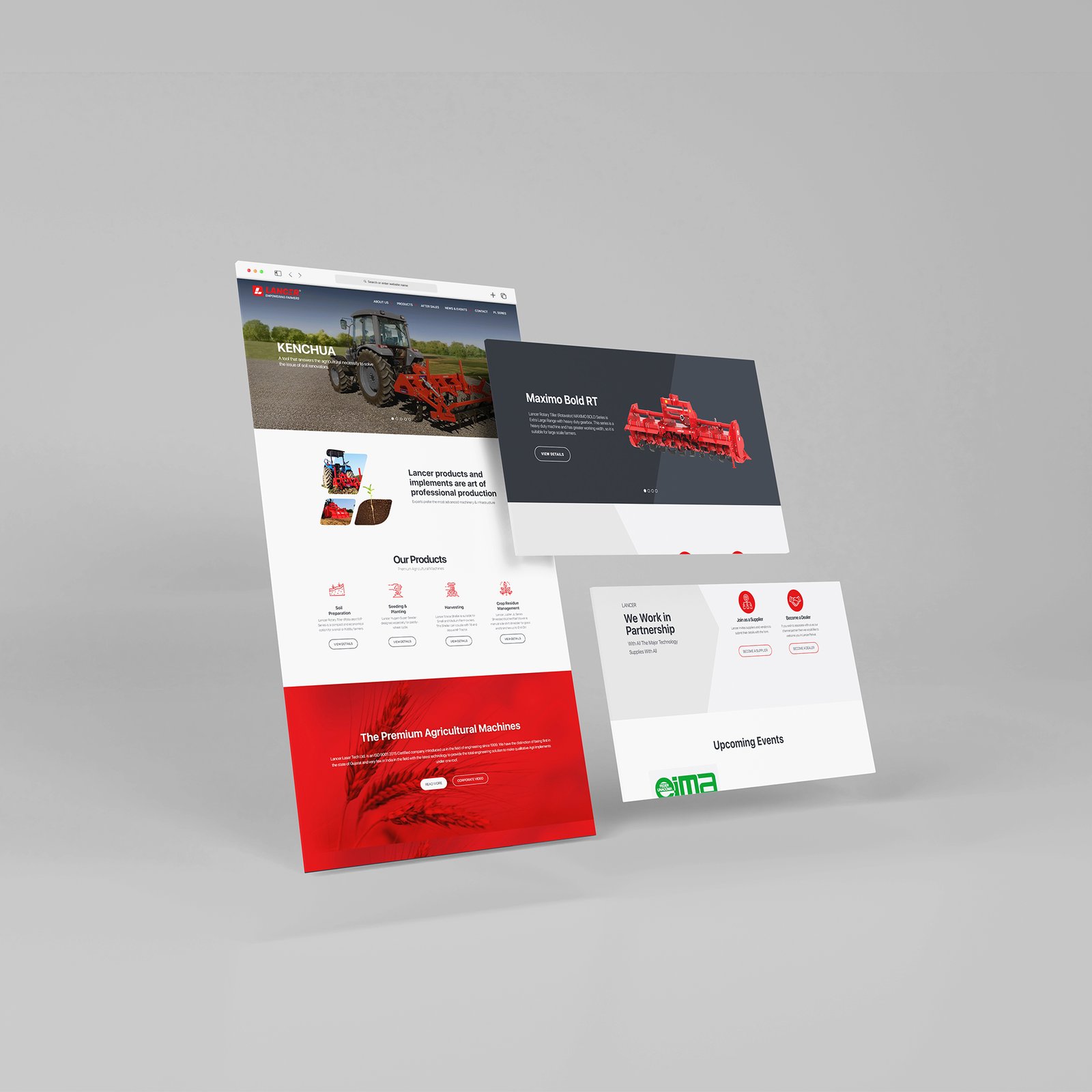 A sleek website design showcasing farm equipment, featuring user-friendly navigation and vibrant product images for Lancer.