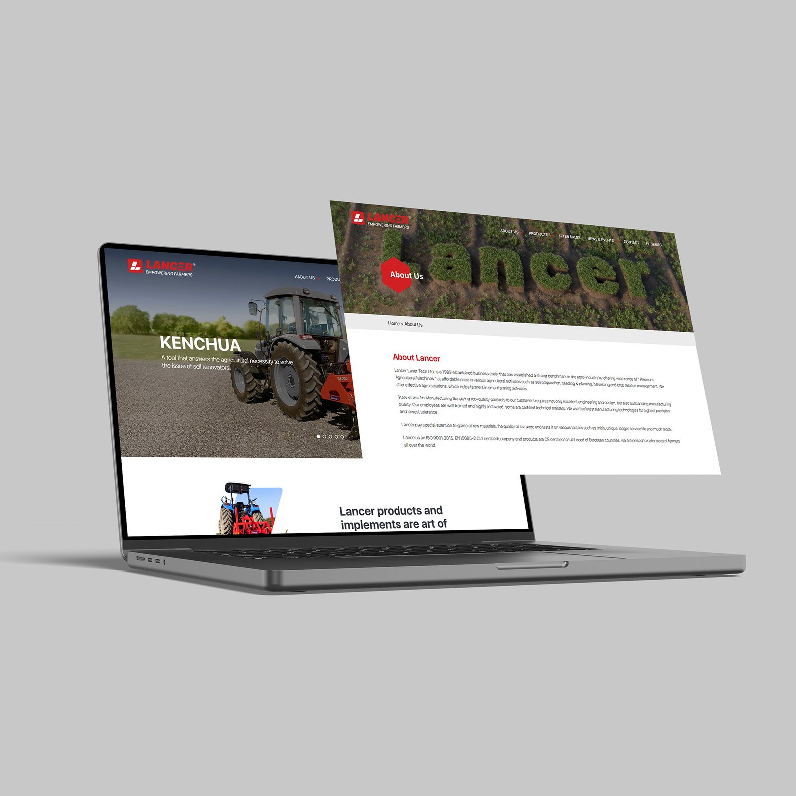 The Lancer tractor company's website is open on a laptop, showcasing their automotive e-commerce offerings.