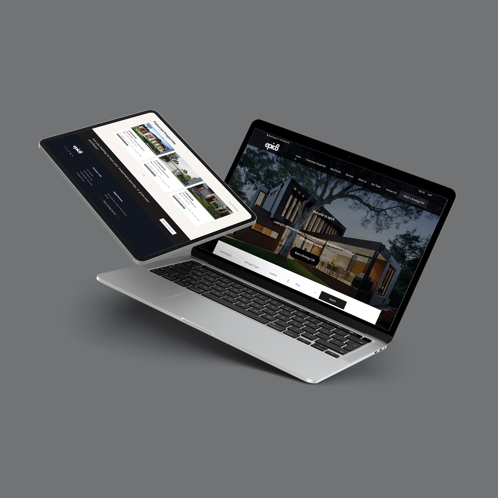 A laptop and tablet displaying the Epic8 website, showcasing a modern web application solution for real estate businesses.