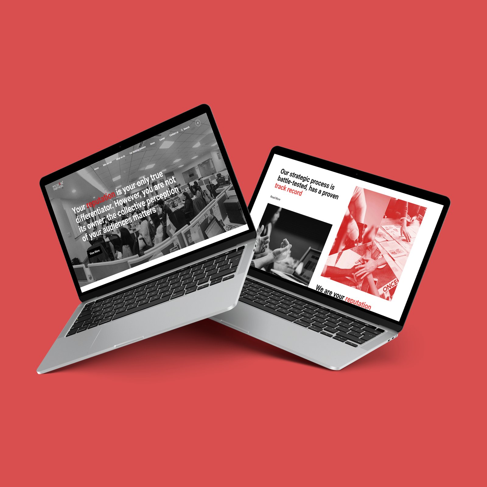 vibrant red background, showcasing Pitchfork Partners' focus on web development in advertising