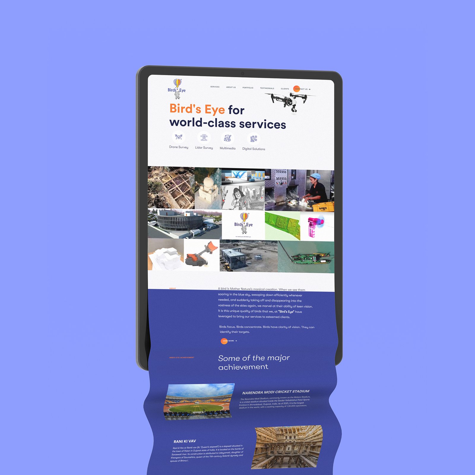 The Birdseye website is displayed on a tablet, emphasizing its focus on arts, fashion, and e-commerce web development.