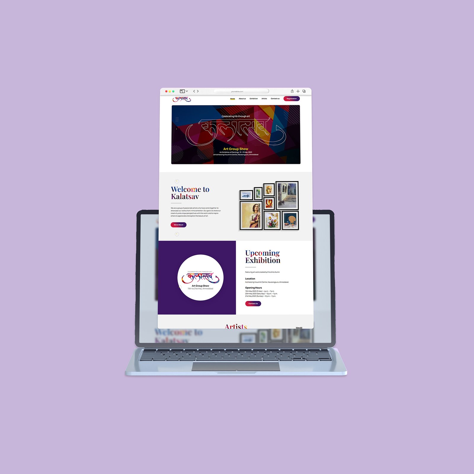 a vibrant purple background, symbolizing creativity in web development for Kalatsav - Arts and Fashion.