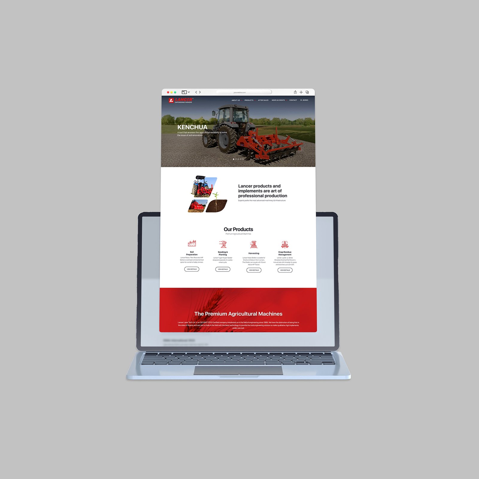 A laptop and tablet showcasing the Lancer tractor company's website, highlighting their automotive e-commerce services.