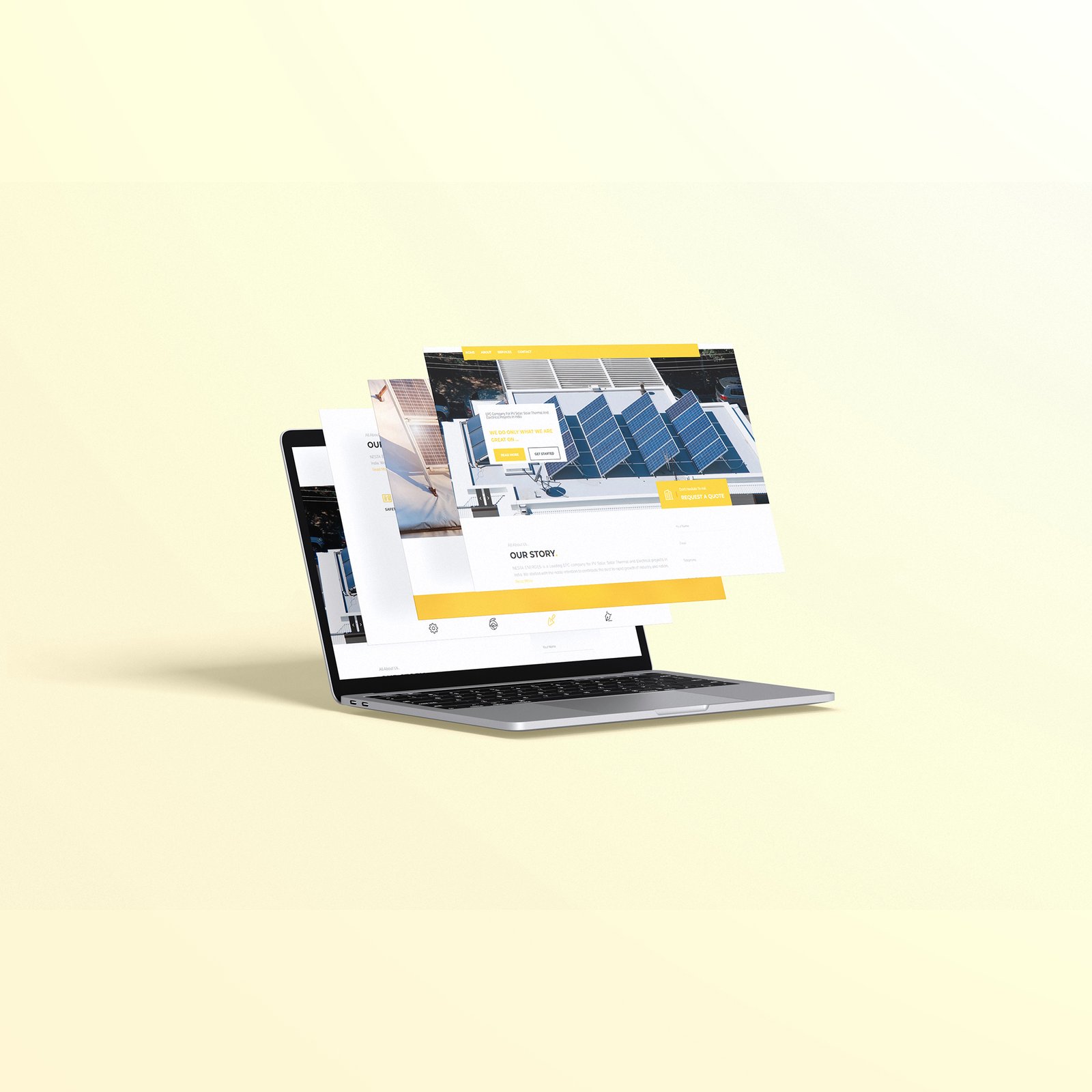 A laptop sits against a bright yellow and white background, symbolizing innovation in healthcare web development by Nesta Energies.