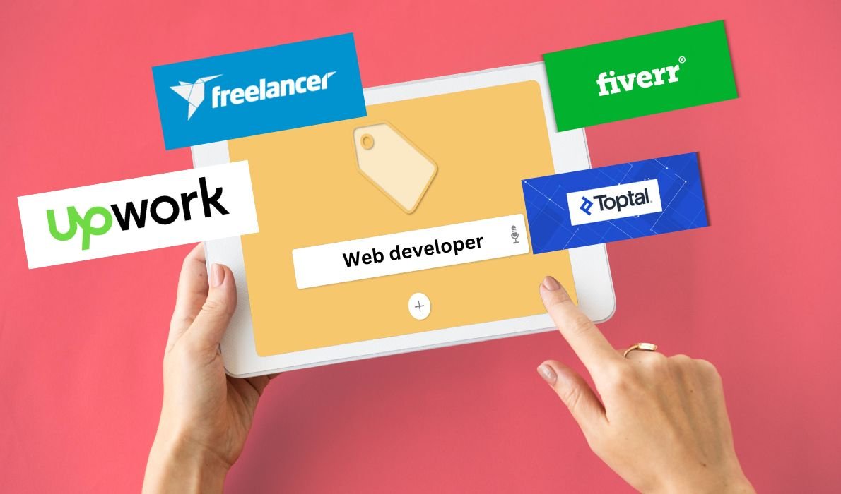 Person searching for a web developer on a tablet with freelance platforms