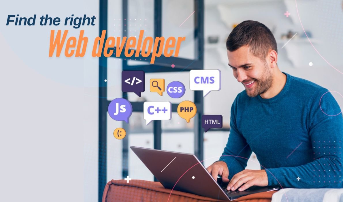 Image of a web developer with programming languages JavaScript, C++, PHP, and HTML